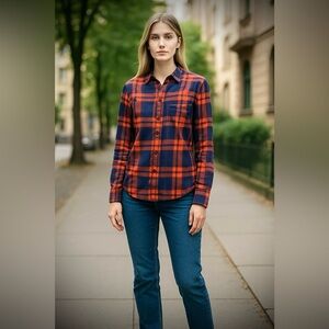 J. Crew Blue & Orange Plaid Button Down Long Sleeve Shirt XS Petite Casual